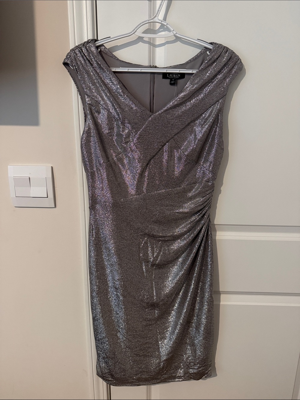 Lauren Ralph Lauren Silver Metallic V-Neck Midi Dress